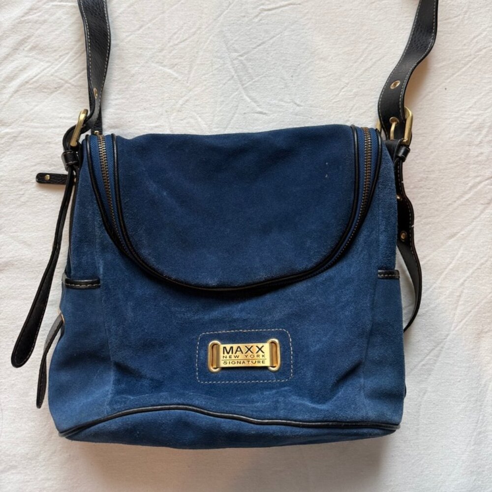 Maxx New York Signature Suede Shoulder Bag Navy Gold Hardware Y2K
